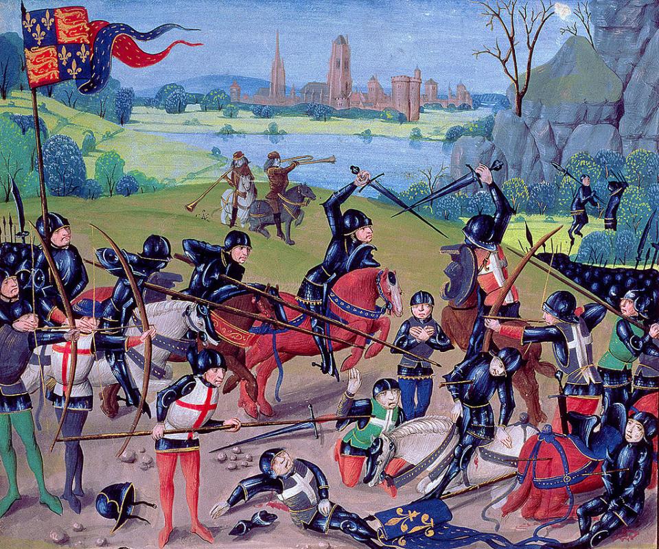 By Unknown - Ms 6 f.243 Battle of Agincourt, 1415, English with Flemish illuminations, from the 'St. Alban's Chronicle' by Thomas Walsingham (vellum), English School, (15th century) - Lambeth Palace Library, London, UK / The Bridgeman Art Library, Pu