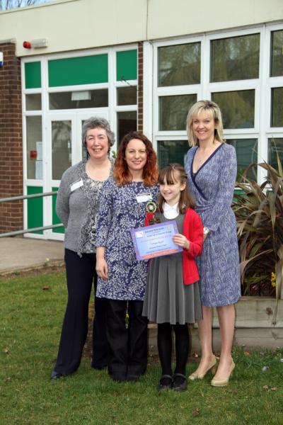 Tatiana Bujor pictured with (L to R) Chris Fitt (Doncaster Book Award), Emily Diamand (author) and Anne-Marie Patterson (Head of Bessacarr Primary School).