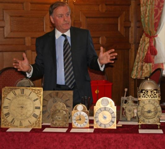 John Callin with part of his collection of 17th century clocks