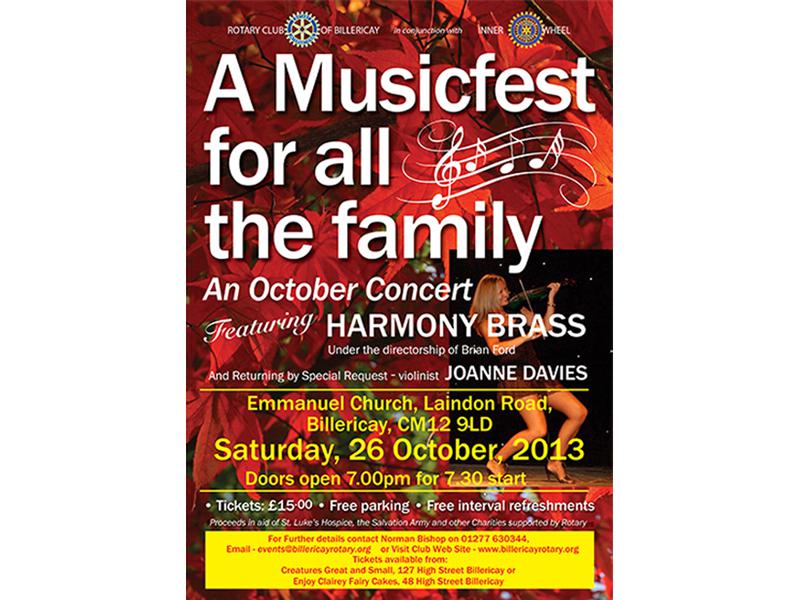 Back by popular demand, an Autumn Charity Concert featured Harmony Brass.  They were accompanied by the brilliant violinist Joanne Davies.  Proceeds in aid of St Luke's Hospice, the Salvation Army and other charities supported by Rotary.