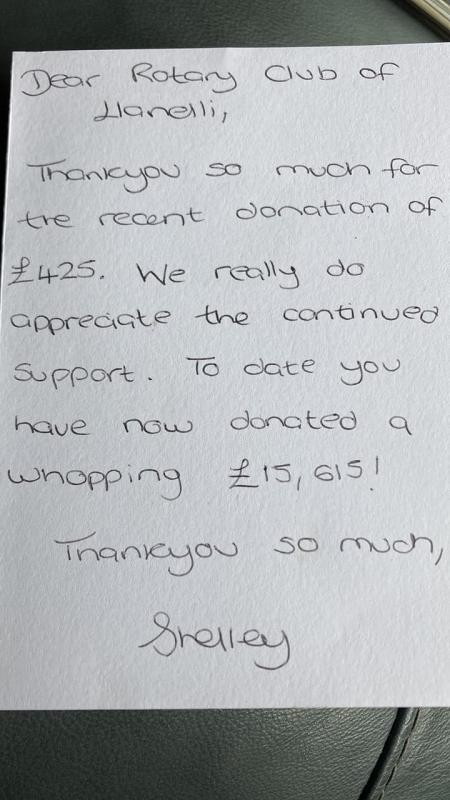 A thank you letter from Shelley at Ty Hafan.