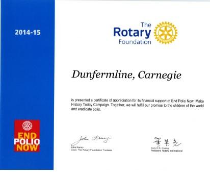 Certificate in recognition of our donations to End Polio Now. I