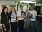 The winner of the first round with the Bill Morris Trophy (presented by Grace Morris). 
Photo: (Left to right) Kate Adams (Beacon teacher), Sheila Etchells, Toby Murray, Grace Morris and Robert Foster