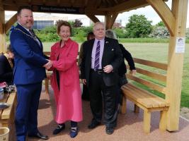 The Mayor of Ashford, Cllr Callum Knowles, Ashford Rotary President, Amanda Cottrell and Leader of the Council, Cllr. Gerry Clarkson open the shelter