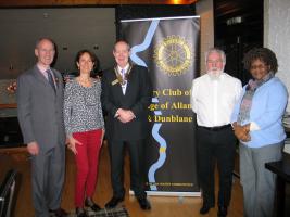 l-r Speakers Host Andrew Hilley, Agnés Hilley, President Peter Farr, John Coyle and Christina Mbiza.