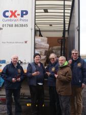 The picture shows the pencils safely loaded onto the Cumbria X-Press lorry. Pictured left to right, Penrith Rotarian Peter Dawson, driver George Graham from Penrith, Alex Buchan, Chris Starr and Bob Currie.