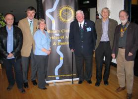 l-r Gerard Gourley (visitor), Peter Holmes (Speakers Host), Gail Donald, Iain Galloway and Marcus Wood (visitors) and President Colin Strachan