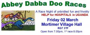 The Rotary Club of Reading Abbey proudly presents the Abbey Dabba Doo Races.
A Race Night of unbridled fun and frivolity in aid of 
       HELP for HOSPITALS in UGANDA