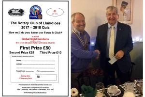 Llanidloes President Stephen Meyer presents Mike Griffiths with a cheque for £500 for the Global Sight Solutions project that Mike supports.