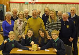 Picture shows Wallace Hall bright sparks Andrew Oram, Brodie Fergusson, Abigail Maxwell and Matthew Johstone. Standing, centre is Rotary Vice President Ian Morrison with Wallace Hall teachers Miss Meegan and Mrs Rewick. Looking on are Thornhill Rotarians.