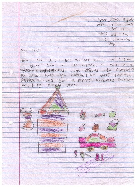 Letter from Abigail at Mashimoni Primary School