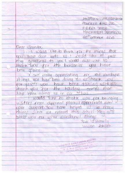 Letter from Akoth at Mashimoni Primary School