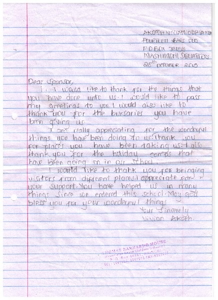 Letter from Akoth at Mashimoni Primary School