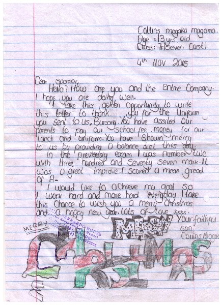 Letter from Collins at Mashimoni Primary School