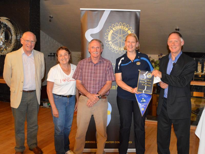 Honorary member, Alex Campbell. Brenda Fisk, Jim Gardner, Barbara Fisk and President Elect Nick Rawlings.