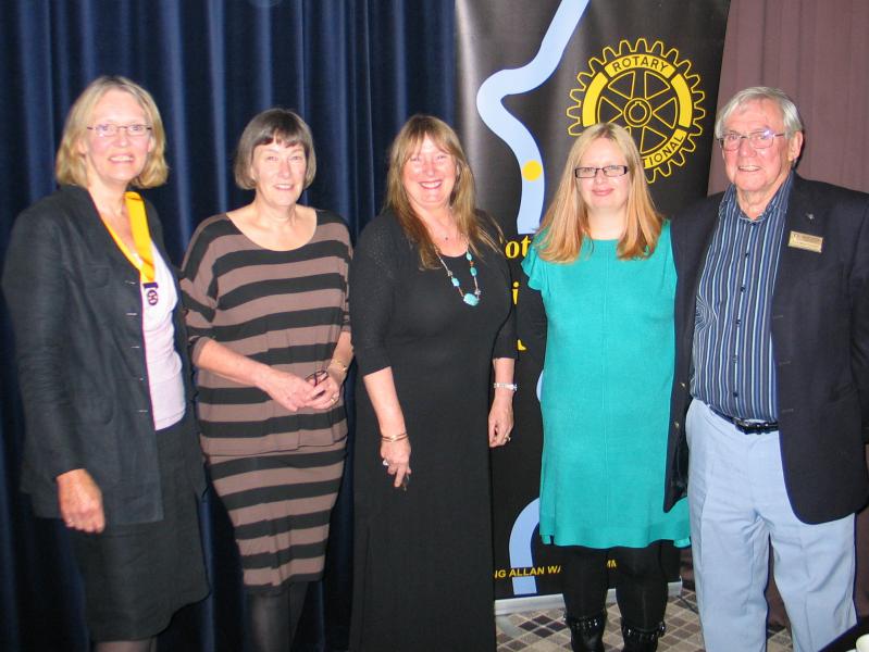 l-r President elect Mary Fraser, Dr Joan Ross, visitor Gail Edwards, Natalie Graham and speaker's host Glen Montgomery.