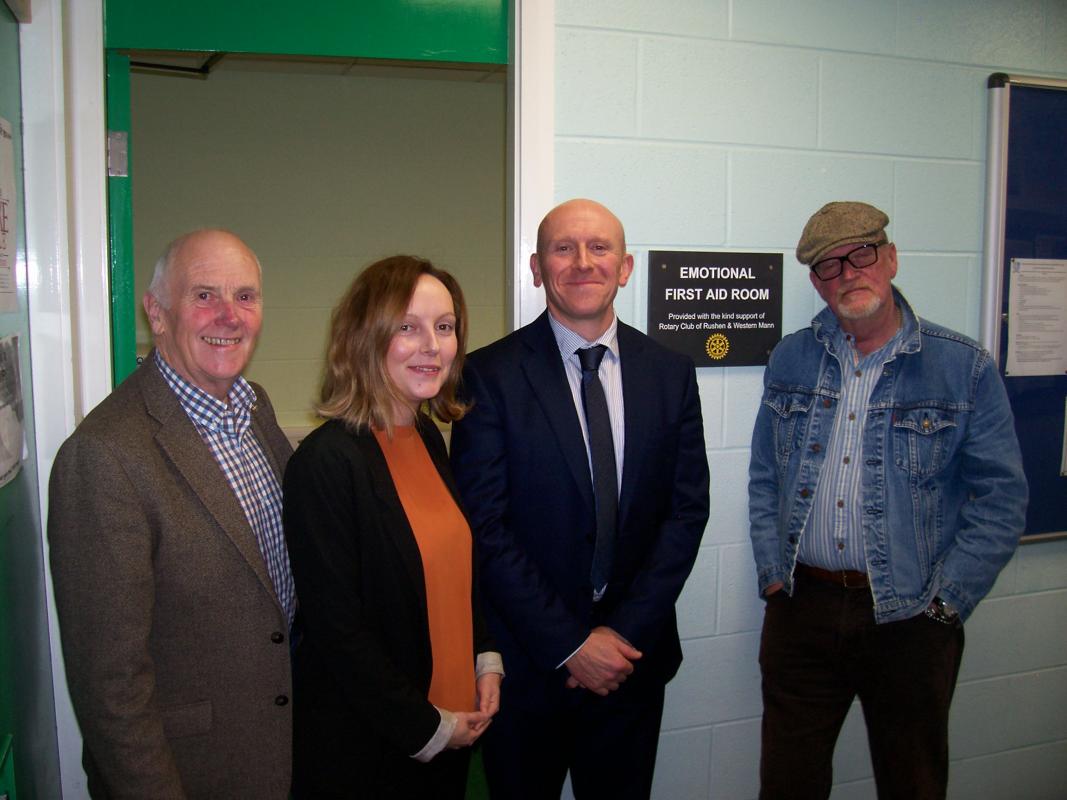 Pictured L-R are John Lindon, Public Relations Chairman of the Rotary Club of Rushen & Western Mann, Gemma Kneen and Keith Winstanley from Castle Rushen High School and Geoff McCann, President of Rushen & Western Mann