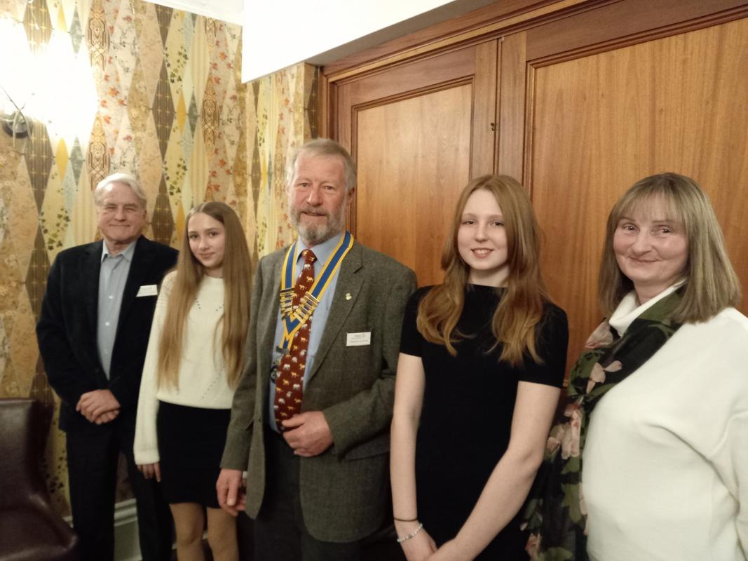Joint winners Zuzanna Szot and Alice Hare with Rotarian Michael Haythorpe, President Francis Ulrych and teacher Gaynor Evans