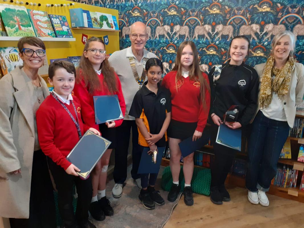 Book token presentation at Lucky Hare Book Shop.