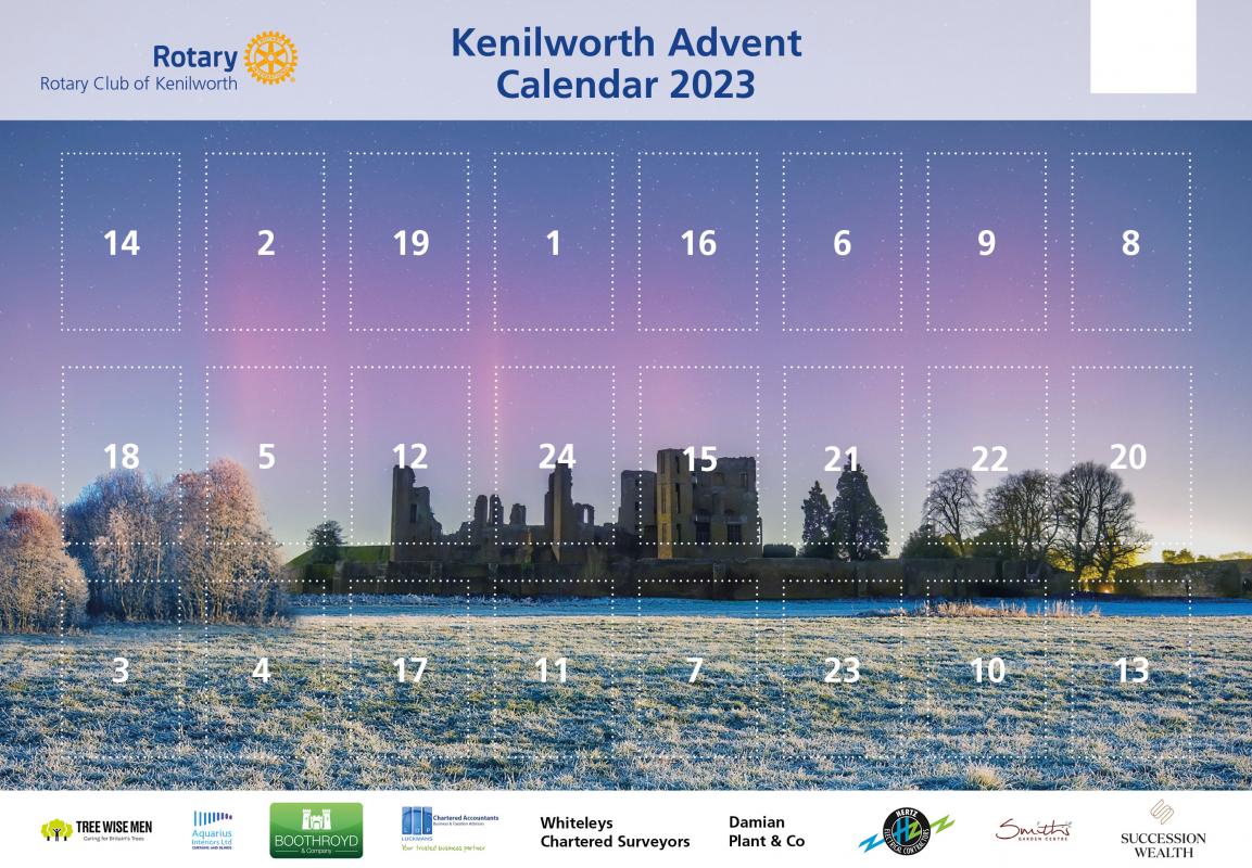The 2023 Kenilworth Rotary Advent Calendar with 5 prizes behind each tab.