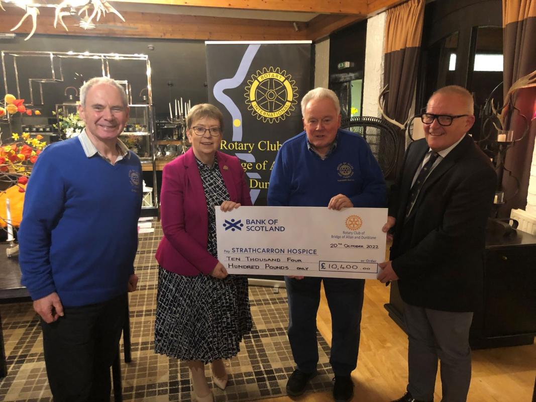 At the Club Business meeting last Thursday a cheque £10,400 was presented to the CEO of Strathcarron Hospice Irene McKie. Club President Craig Mair is pictured along with Hospice convenor Ken Murray and Dunblane Golf Club Captain Neil Rankin.