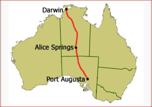 The modern highway route from Adelaide to Darwin