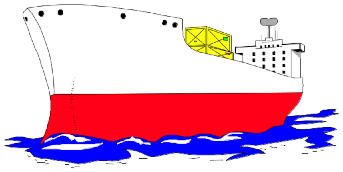 A computer graphic of a container ship with a white and red hull