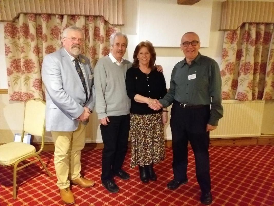 Speaker Gerrie Bayley with husband Chris, President Kevin and speaker finder Gareth