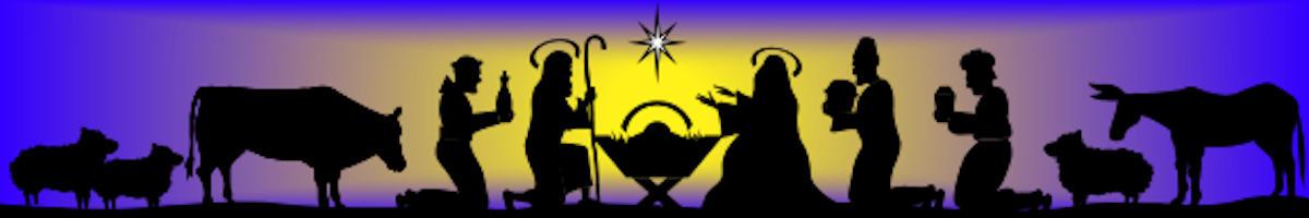 The Holy Family, the Magi and farm animals in silhouette against a gold and blue background.