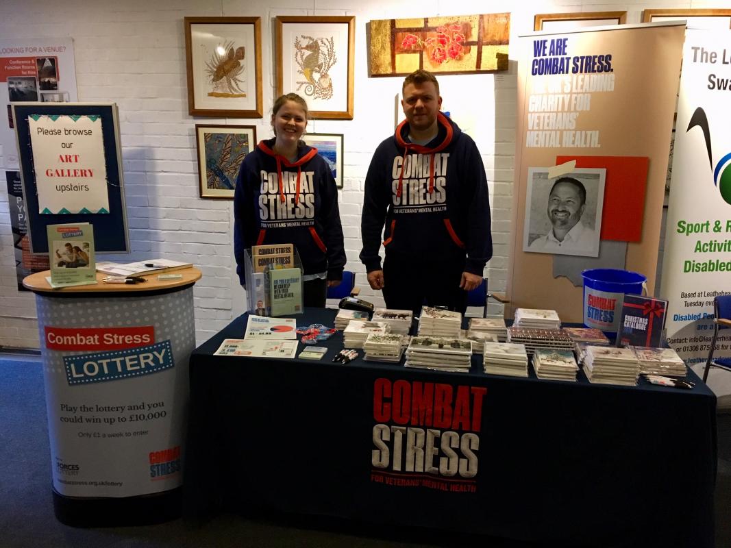Combined Charities Christmas Fair - Claire Gayton (Supporter Care Assistant) and Joe Curl (Volunteer and Community Fundraising Officer) from Combat Stress, at the Combined Charities Christmas Fair organised by Leatherhead Rotary Club at Leatherhead Theatre on Saturday 3rd November 201