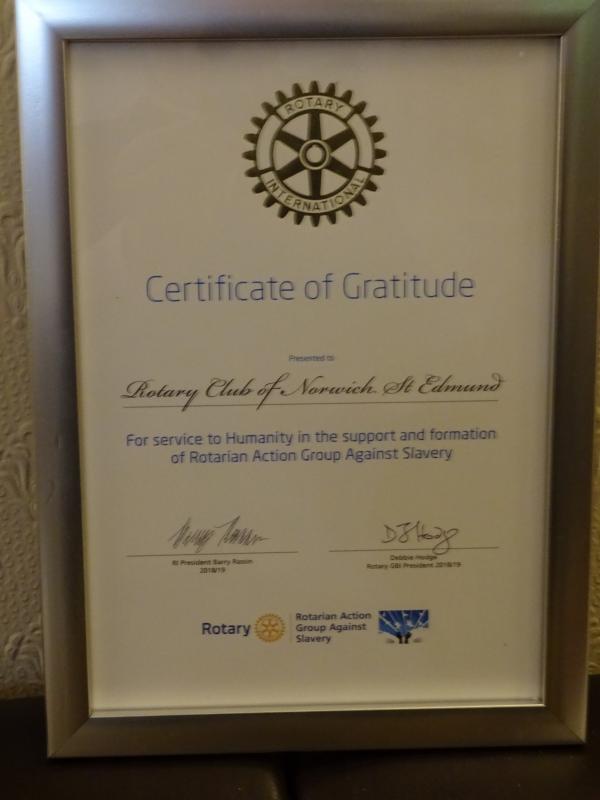 St. Edmund Club awarded Certificate of Gratitude for work in Slavery by Debbie Hodge - IPP RIBI in October 2019 - 