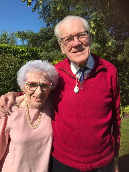 Edward is shown here with his wife Joan on his 100th birthday on 23rd May 2019.