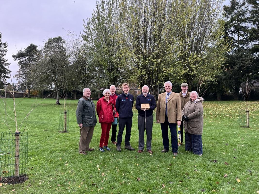 75 trees for the Queens Green Canopy - 5 Himalayan birches in Lochy Park, with Deputy Lord Lieutenant George Fleming, President Bob Ellis, countryside ranger Chris Martin and Rotarians