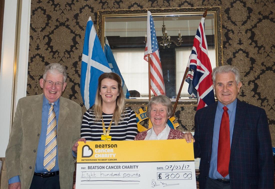 Comm/Voc Committee - Rtns. Mike Kimpton, Ann Lockhart and Allan Morrison with Jen Lindsay, Fundraiser for the Beatson Cancer Charity.