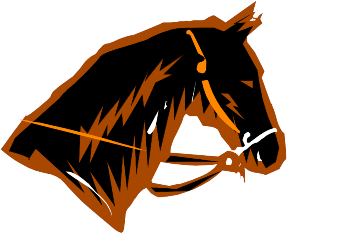 Computer graphic of the head of a horse wearing a bridle.