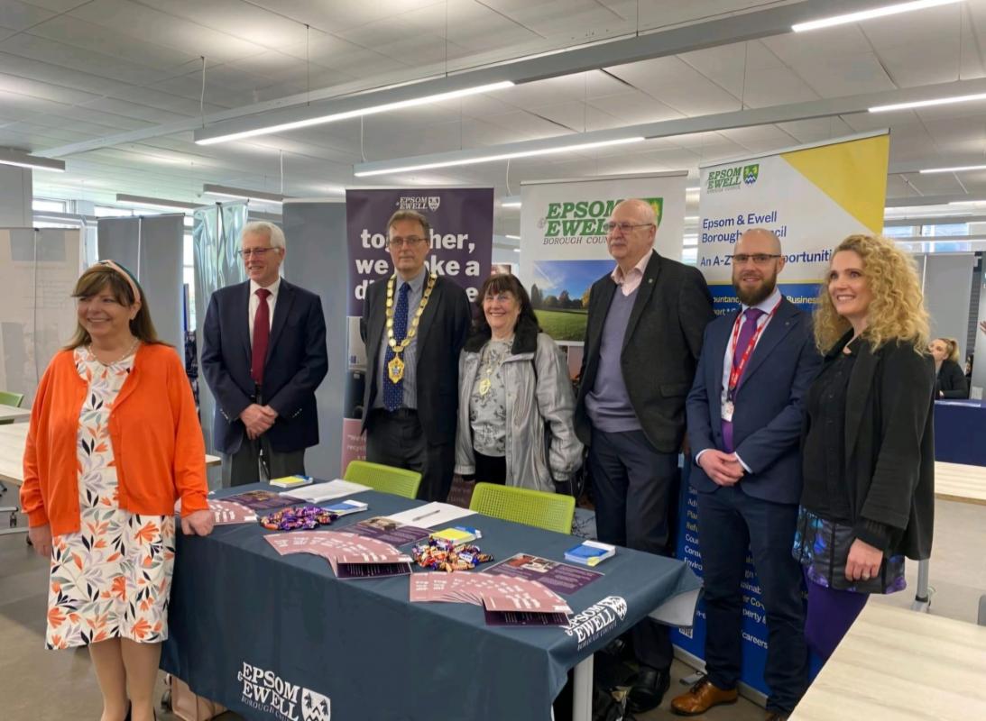 Left to right - Jackie King,- Chief Executive Epsom & Ewell BC,  Kevin Delf Surrey Longlife Learning, Mayor and Mayoress of Epsom & Ewell BC, Tony Axelrod - Epsom Rotary, Joe Ballantine - NESCOT and Kerry Baker - Best of Epsom & Ewell.