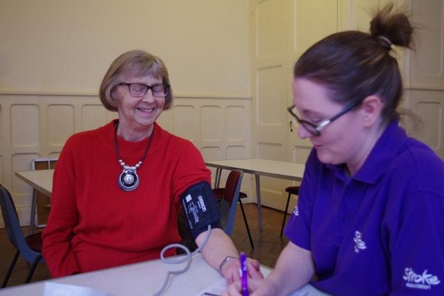 Photograph shows Penrith resident Andrew Gardiner having his blood pressure taken by Danielle Cottrell of the Stroke Association. The event was organised by Penrith Rotarian Douglas Mellor