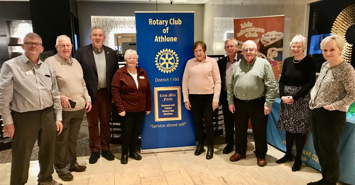 International links: Visit to Athlone, Ireland - We are greeted by Rotarian s and a banner at our hotel