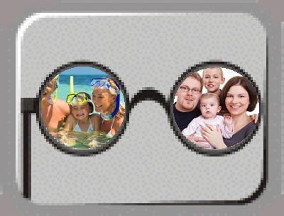 People seen through the outline of a pair of glasses