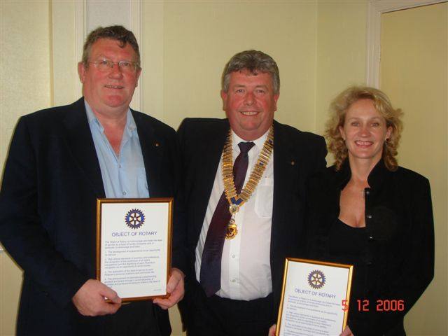Induction of New Members - President Robert with Bill Kirby and Sarah Perris our two new members