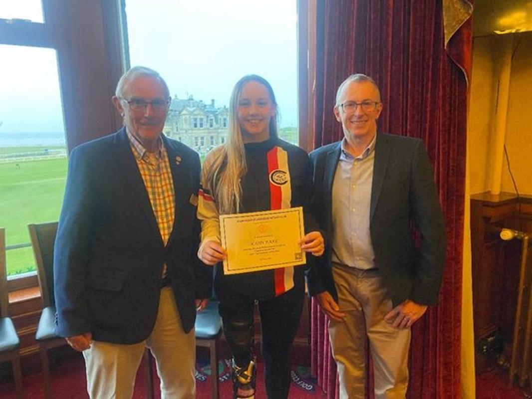 Katie Pake with Duty President Brian Gray and DSF Trustee Paul Noble MBE