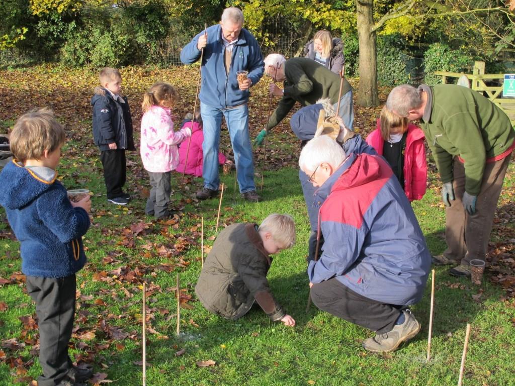 Rotarians and children choosing their planting spots.