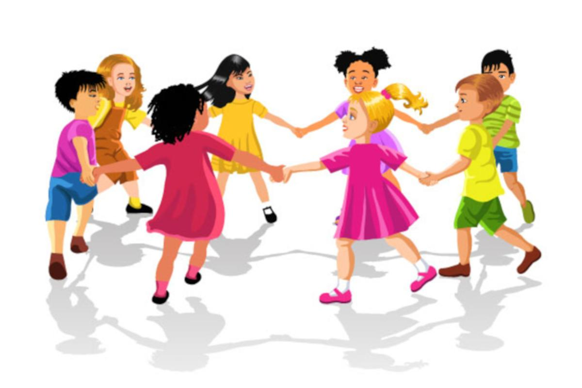 A computer graphic of young children holding hands and dancing in a circle