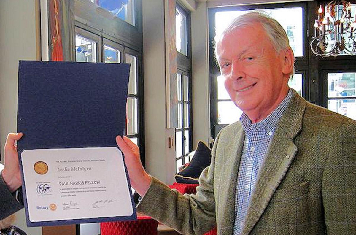 Leslie McIntyre receiving his Paul Harris Fellowship Award in 2017