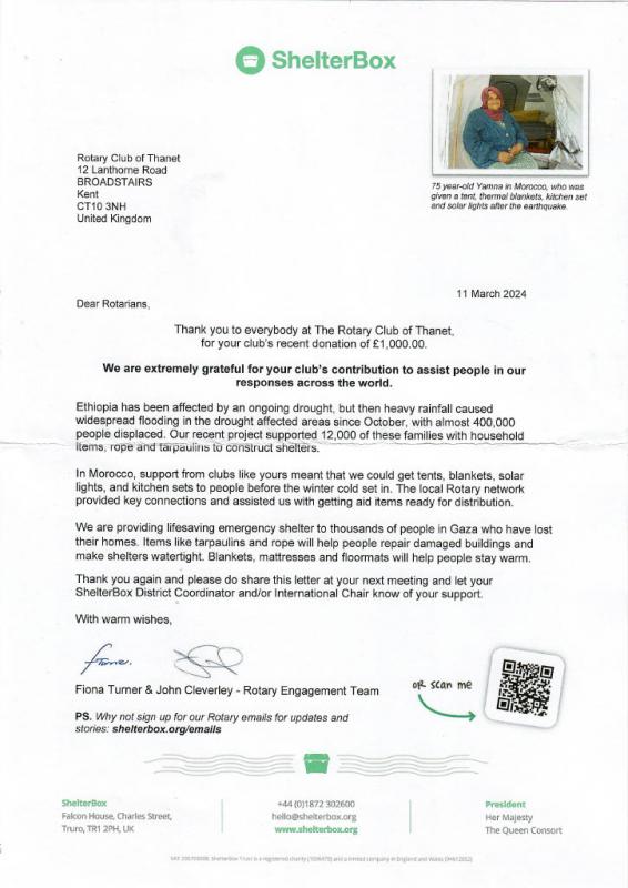 Letter of thanks from ShelterBox