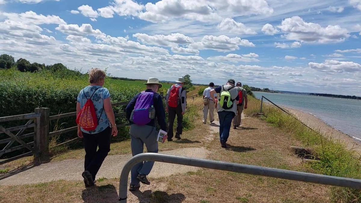 A group of people walking along a coastal path, seen from the rear.