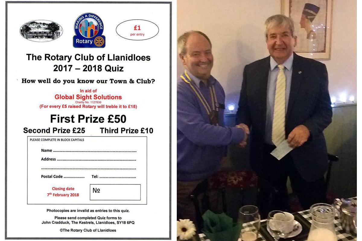 Llanidloes President Stephen Meyer presents Mike Griffiths with a cheque for £500 for the Global Sight Solutions project that Mike supports.