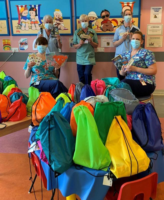 Staff at the children's ward Victoria Hospital with the Rainbow Bags