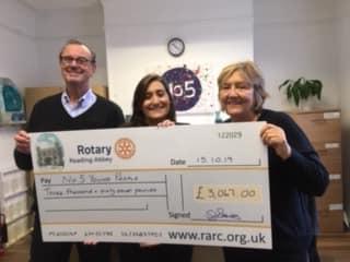 Rotarians Sue Roberts and Paul Webster presenting a cheque to Carly Newman, Operations & Relationship officer at No5 Young People. 
Cheque for the proceeds from the Garden Party of £3067