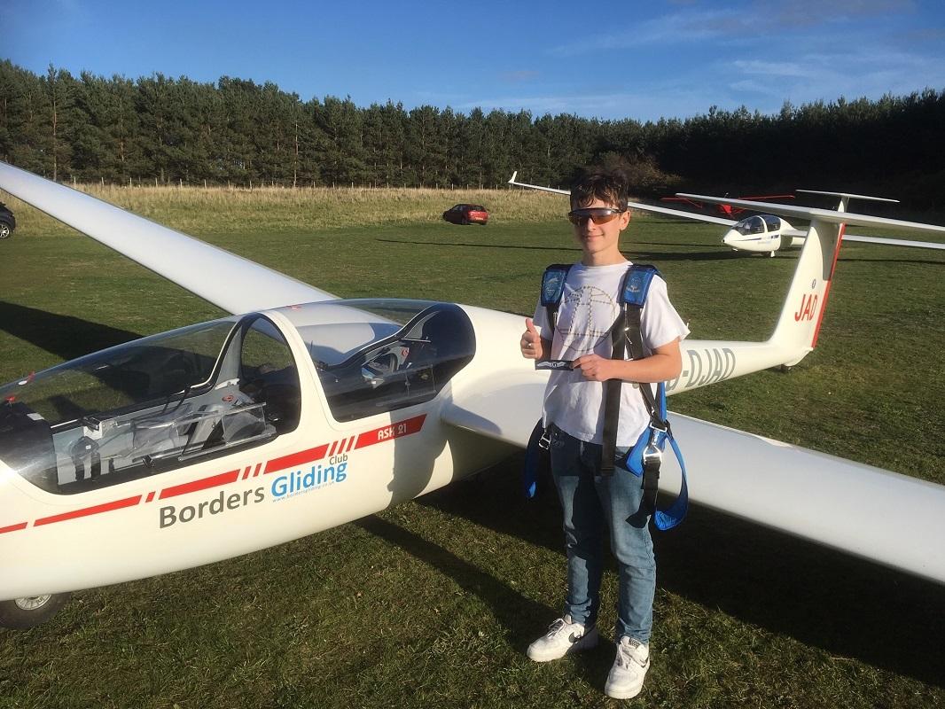 Olly Taylor after his first solo flight in a glider